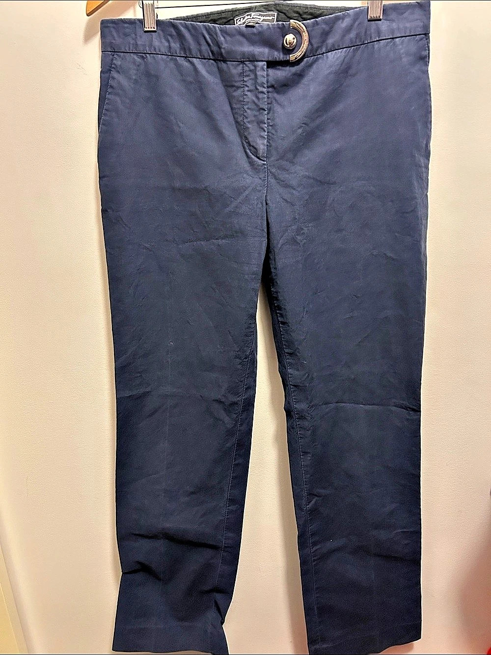 Salvatore Ferragamo vintage dark navy blue trousers with a metallic D-ring belt
